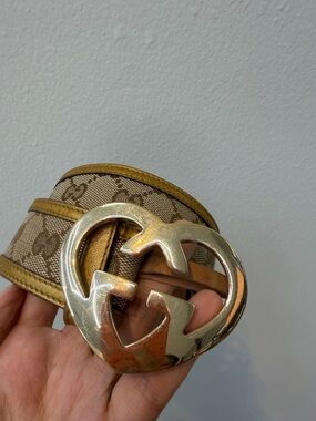 Gucci Tan GG Canvas Belt with Gold Double G Buckle 4*80cm